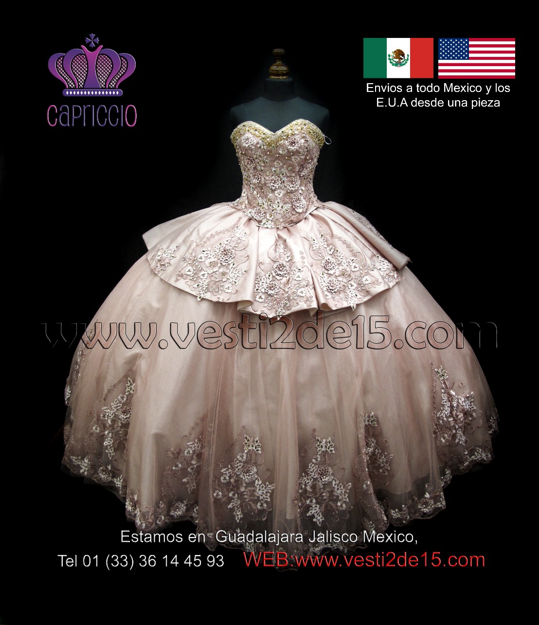 Vestido princesa para quinceañera con detalles en encaje